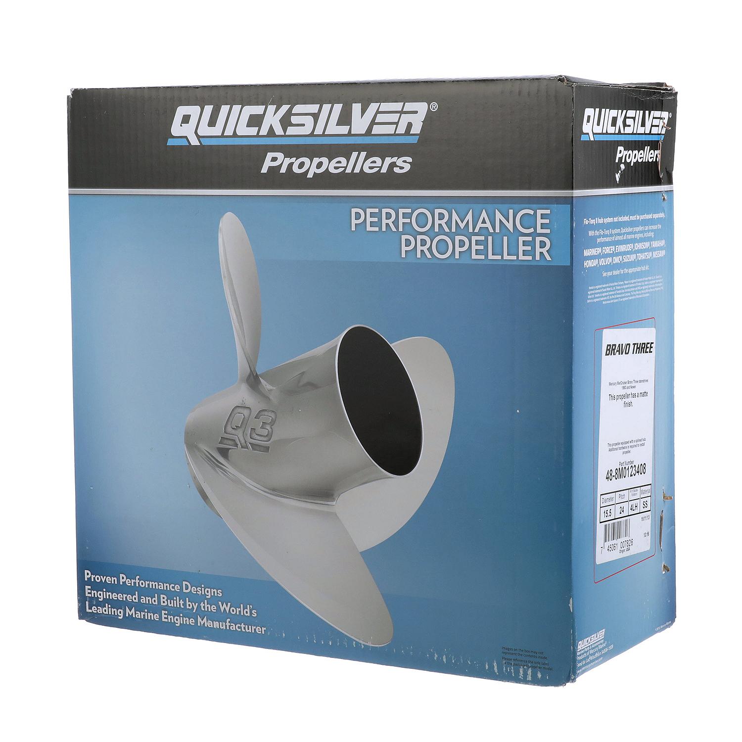 Quicksilver Bravo Three 15.5" Diameter X 24" Pitch, 4-Blade Stainless Steel Propeller, Left Hand Rotation, Matte Finish