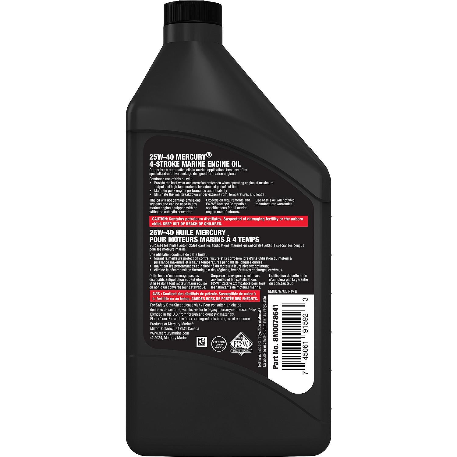 Mercury 25W-40 4-Stroke Synthetic Blend Marine Engine Oil, 1 Quart