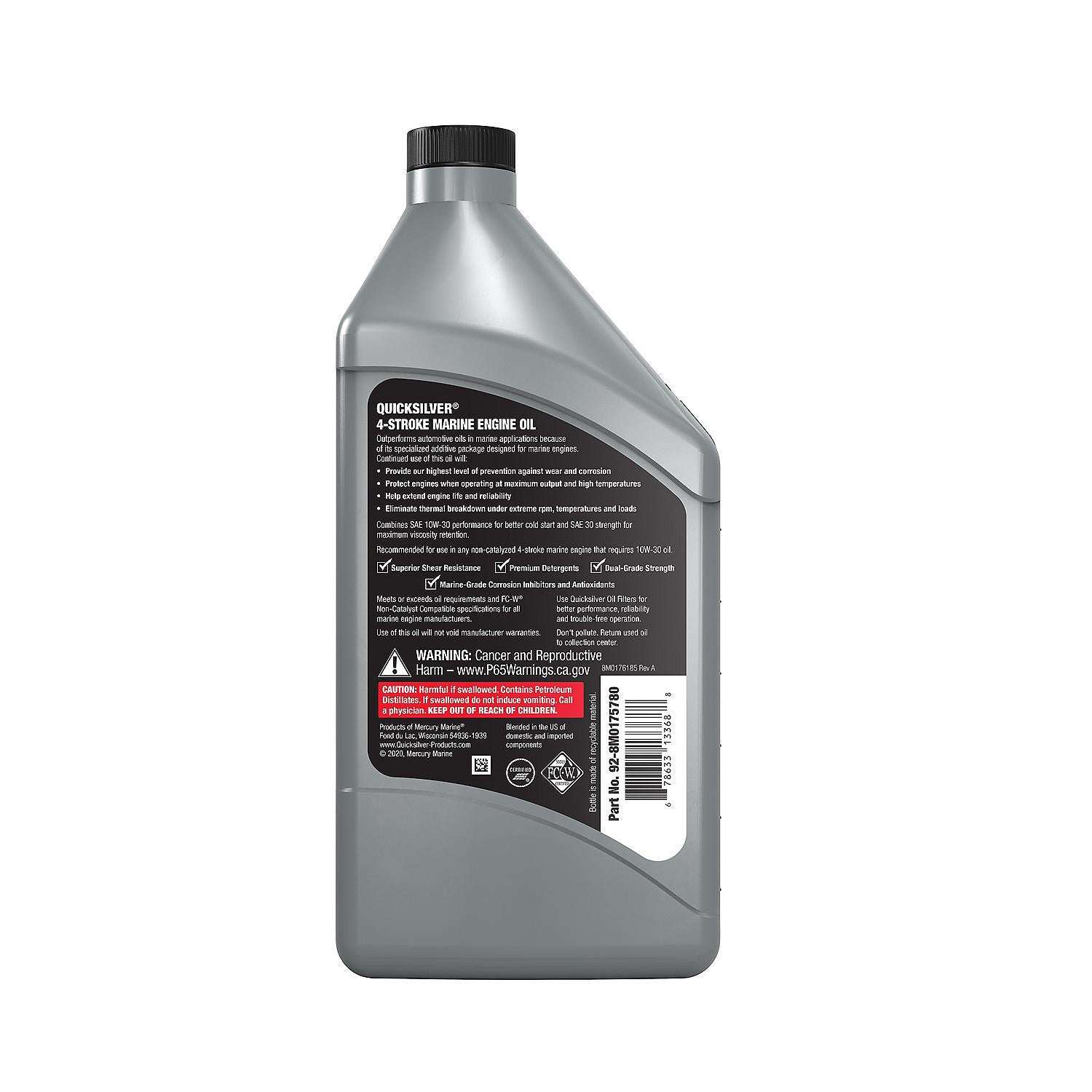 Quicksilver 10W-30 4-Stroke Full Synthetic Marine Engine Oil, 1 Quart