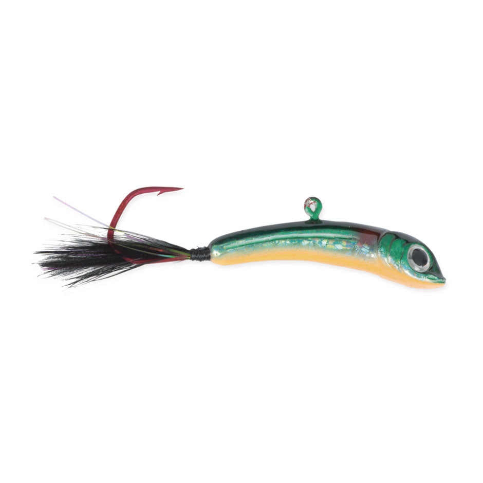 Blue Fox Lil' Foxee Jigging Minnow 1 Glow Perch - 3/16 Oz, Vertical Fishing Lure With Barbarian Hooks