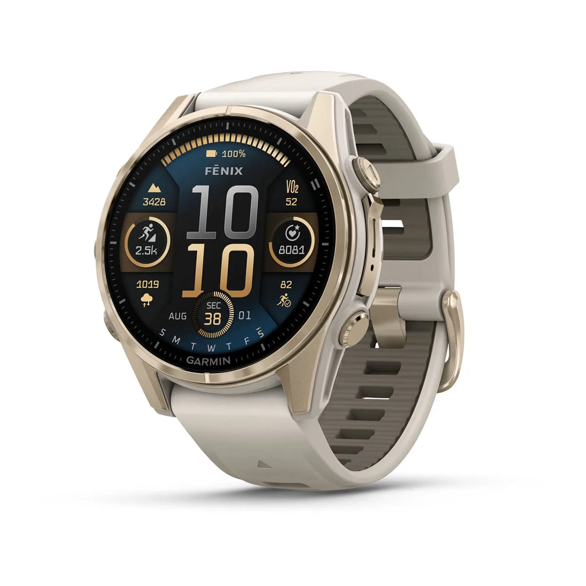 Garmin fēnix 8 – 43 mm, AMOLED Sapphire Soft Gold with Fog Gray / Dark Sandstone Silicone Band