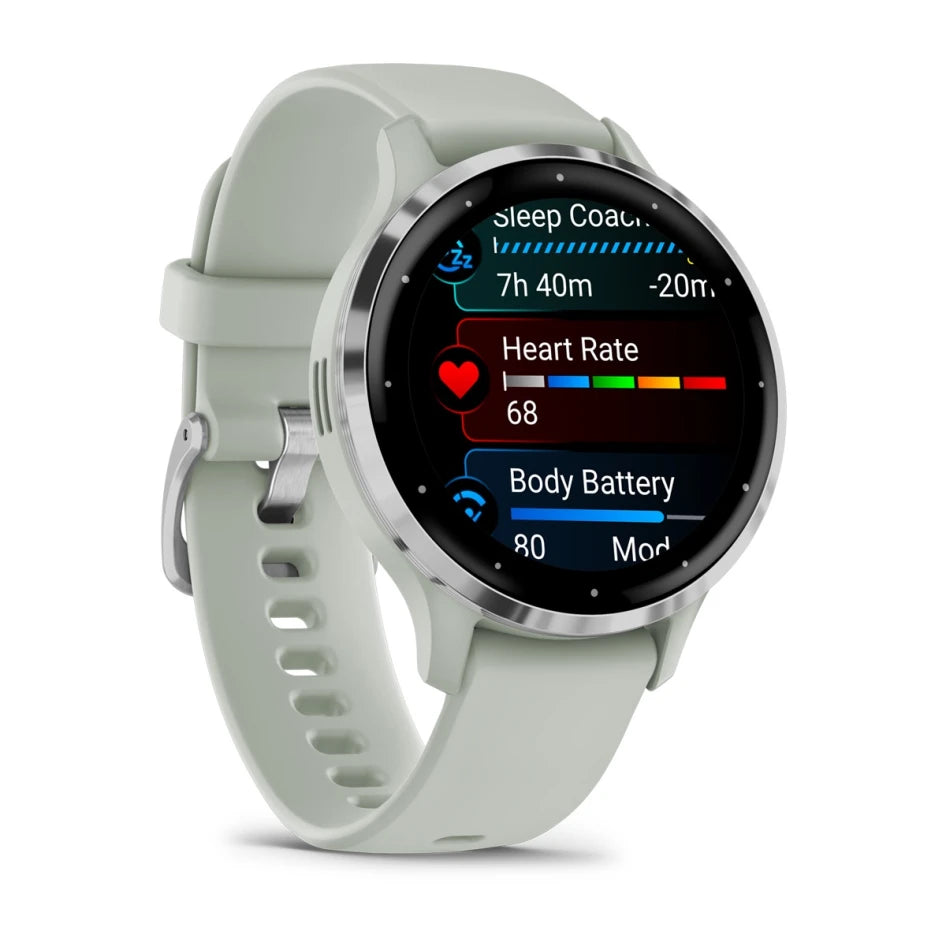 Montre connectée Garmin Venu 3S avec boîtier en acier inoxydable argenté, cadran gris sauge et bracelet en silicone