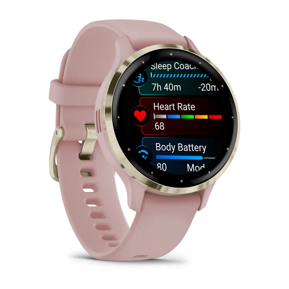 Montre connectée Garmin Venu 3S avec boîtier et bracelet en silicone Rose Poussière, et lunette en acier inoxydable Or doux