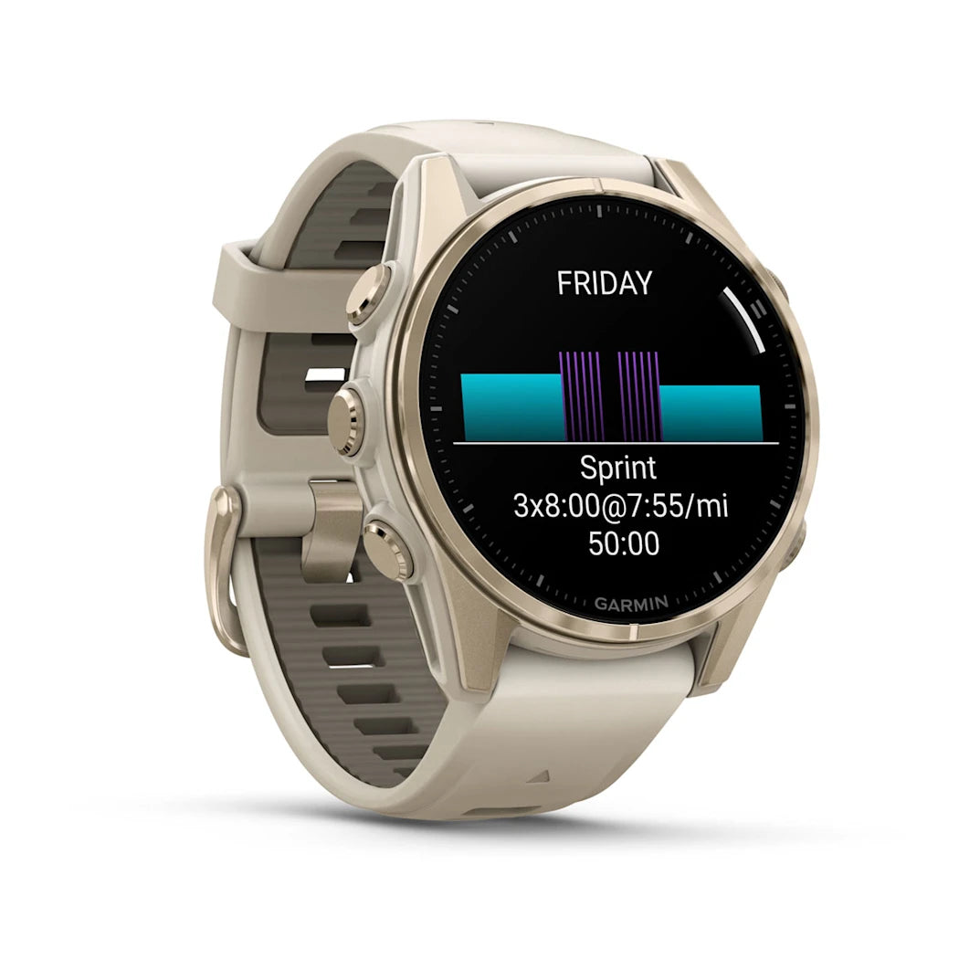 Garmin fēnix 8 – 43 mm, AMOLED Sapphire Soft Gold with Fog Gray / Dark Sandstone Silicone Band
