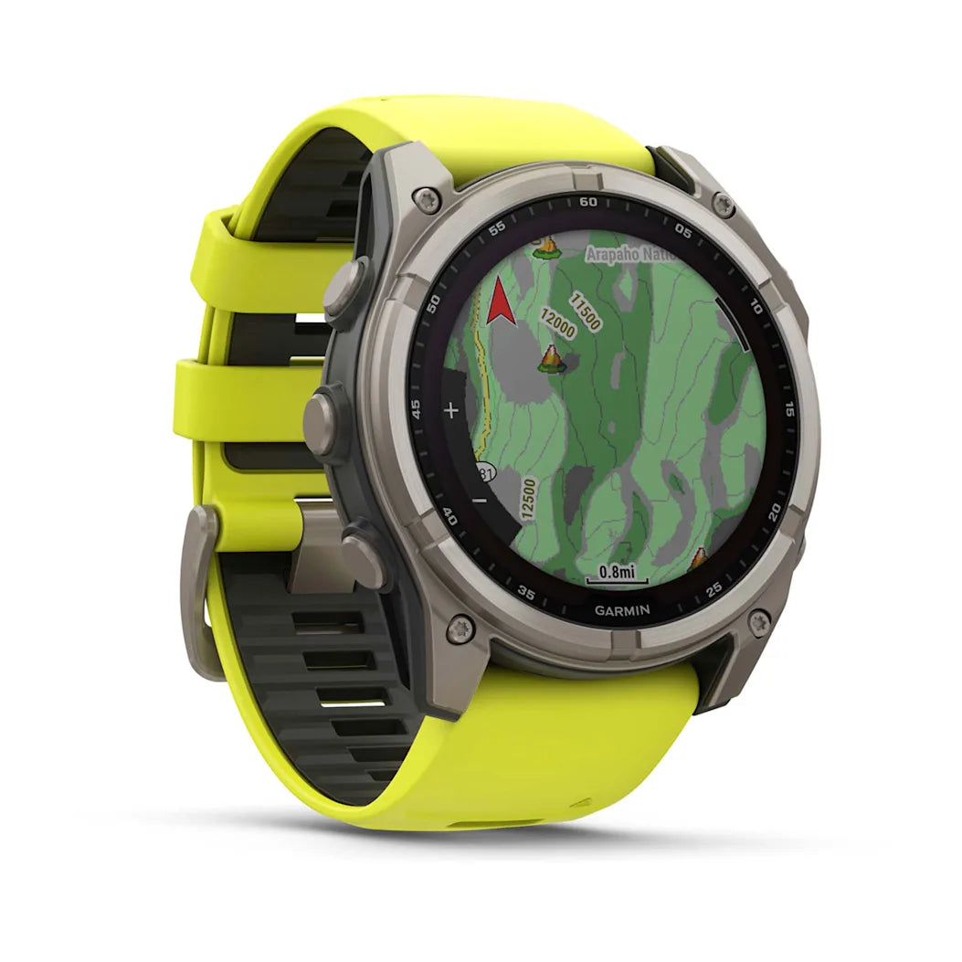 Garmin fēnix 8 – 51 mm Solar Sapphire Titanium with Amp Yellow / Graphite Silicone Band