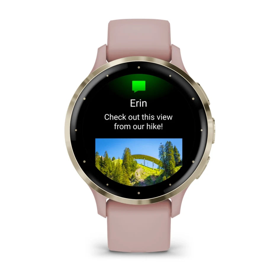 Montre connectée Garmin Venu 3S avec boîtier et bracelet en silicone Rose Poussière, et lunette en acier inoxydable Or doux