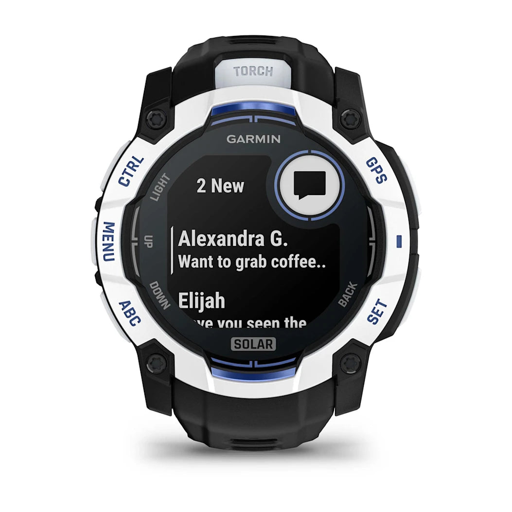 Garmin Instinct 3 – 50 mm Solar Whitestone with Black / Bolt Blue Band