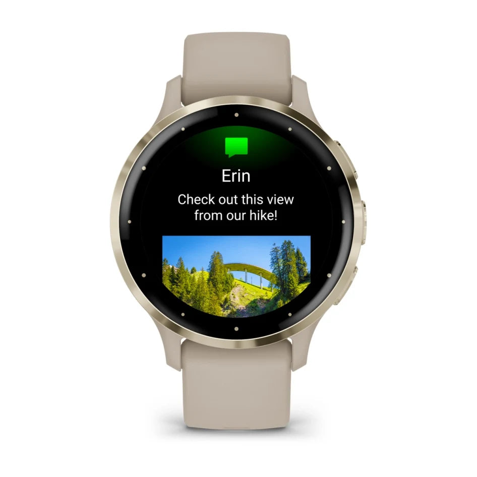 Montre connectée Garmin Venu 3S à lunette en acier inoxydable or pâle avec boîtier gris français et bracelet en silicone