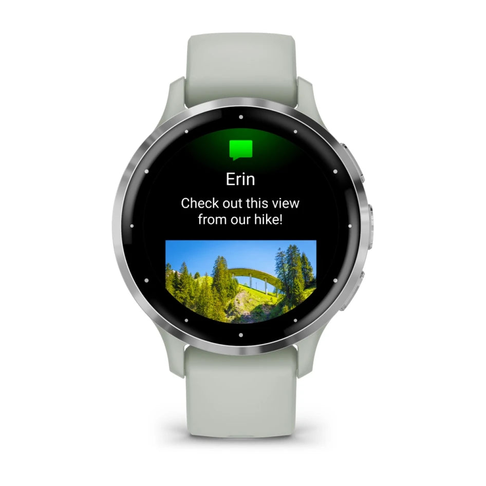 Montre connectée Garmin Venu 3S avec boîtier en acier inoxydable argenté, cadran gris sauge et bracelet en silicone