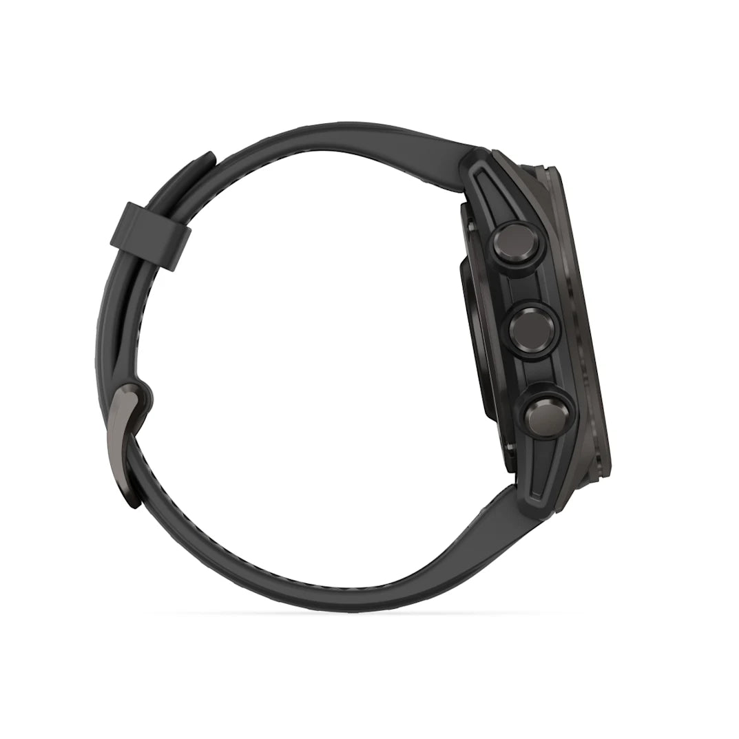 Garmin fēnix 8 – 43 mm AMOLED Sapphire, Carbon Gray DLC Titanium with Black / Pebble Gray Silicone Band