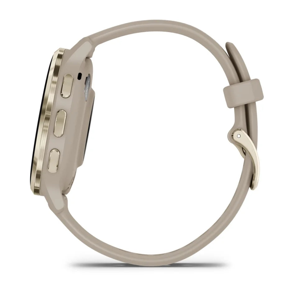 Montre connectée Garmin Venu 3S à lunette en acier inoxydable or pâle avec boîtier gris français et bracelet en silicone