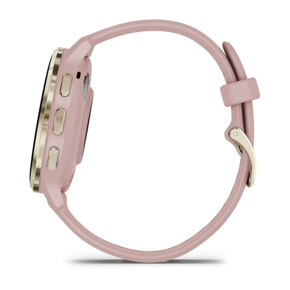 Montre connectée Garmin Venu 3S avec boîtier et bracelet en silicone Rose Poussière, et lunette en acier inoxydable Or doux