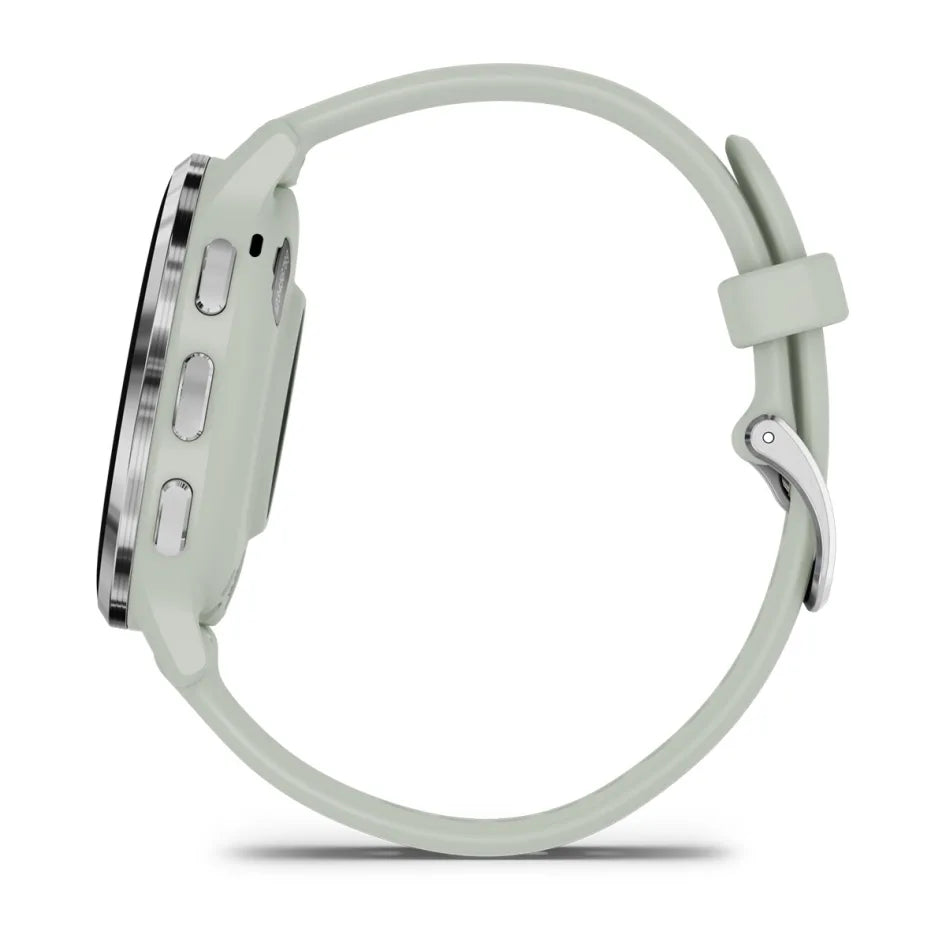 Montre connectée Garmin Venu 3S avec boîtier en acier inoxydable argenté, cadran gris sauge et bracelet en silicone