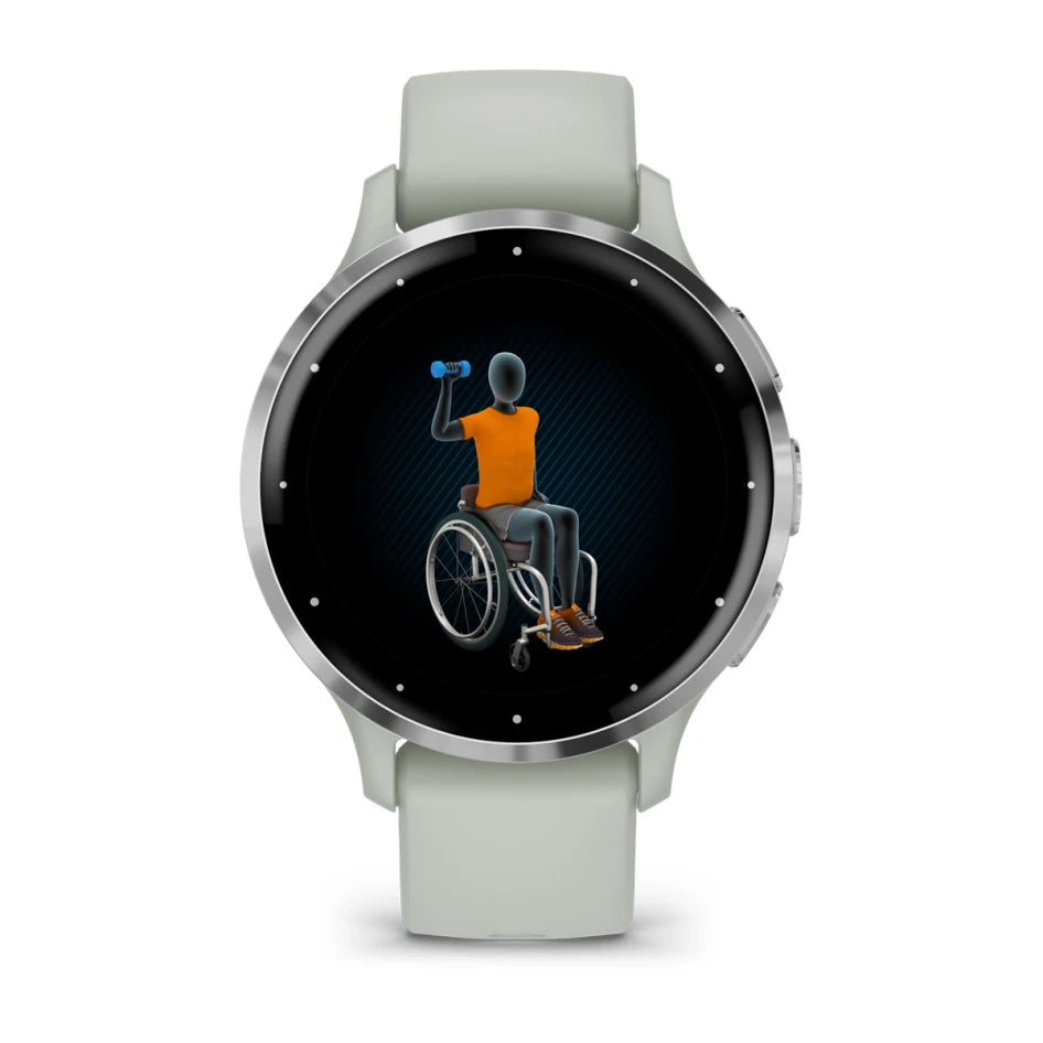 Montre connectée Garmin Venu 3S avec boîtier en acier inoxydable argenté, cadran gris sauge et bracelet en silicone