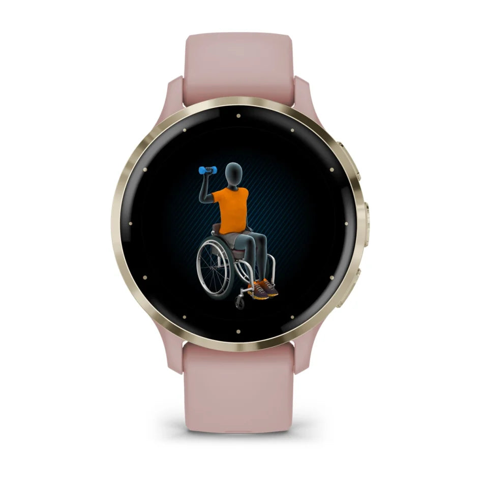 Montre connectée Garmin Venu 3S avec boîtier et bracelet en silicone Rose Poussière, et lunette en acier inoxydable Or doux