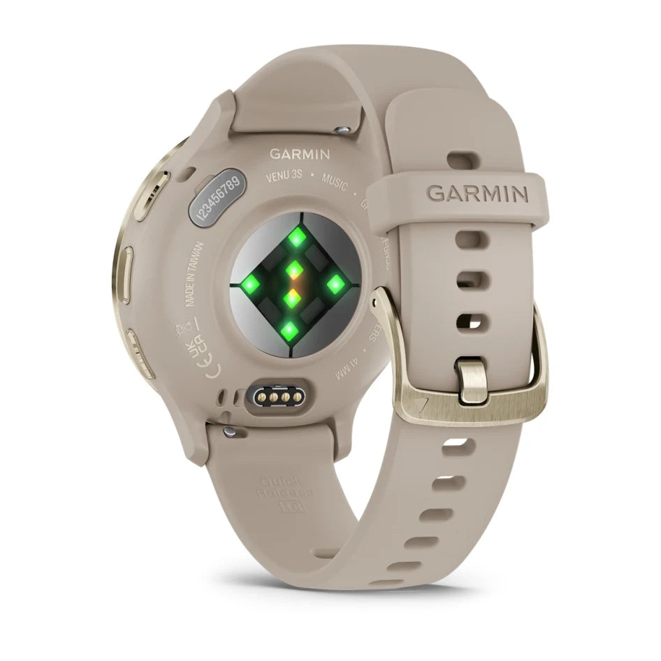 Montre connectée Garmin Venu 3S à lunette en acier inoxydable or pâle avec boîtier gris français et bracelet en silicone