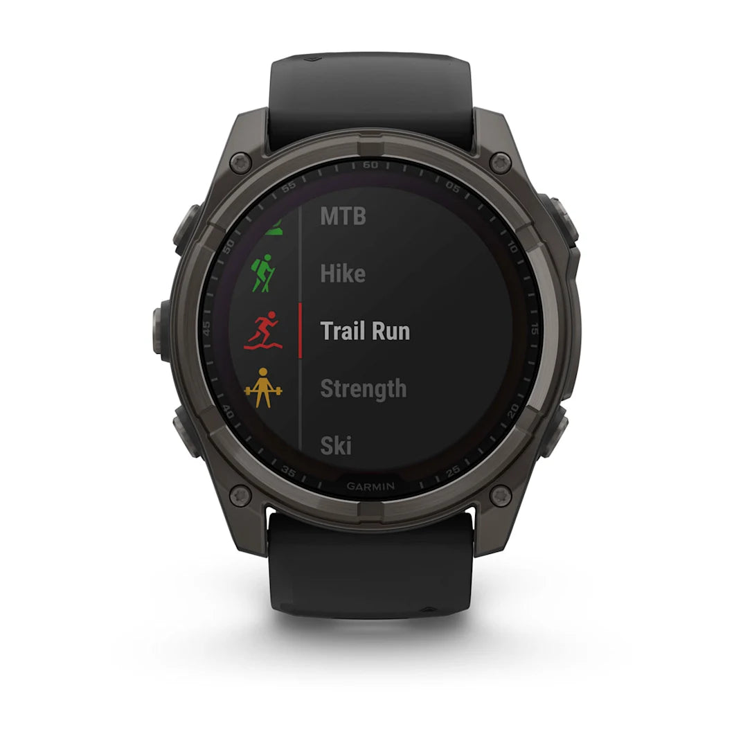 Garmin fēnix 8 – 51 mm Solar Sapphire Carbon Gray DLC Titanium with Black / Pebble Gray Silicone Band