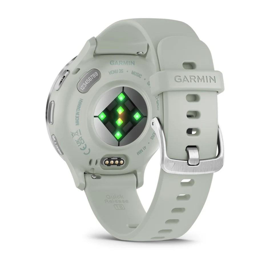 Montre connectée Garmin Venu 3S avec boîtier en acier inoxydable argenté, cadran gris sauge et bracelet en silicone