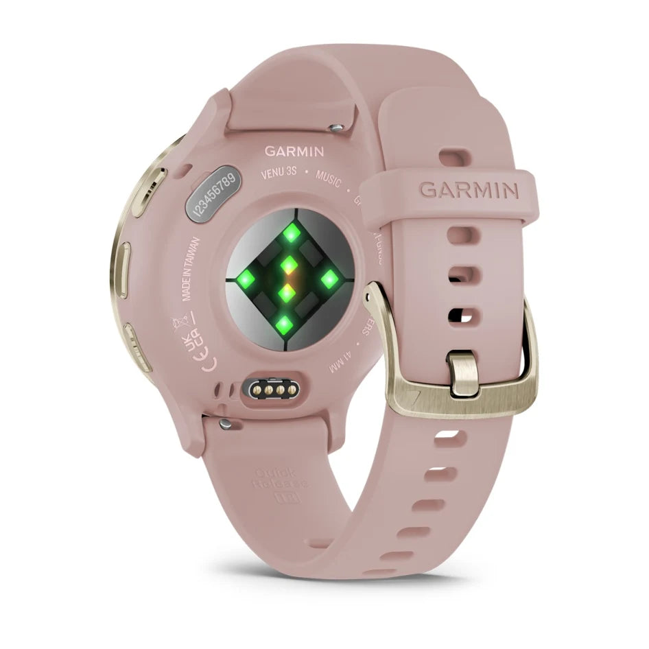 Montre connectée Garmin Venu 3S avec boîtier et bracelet en silicone Rose Poussière, et lunette en acier inoxydable Or doux