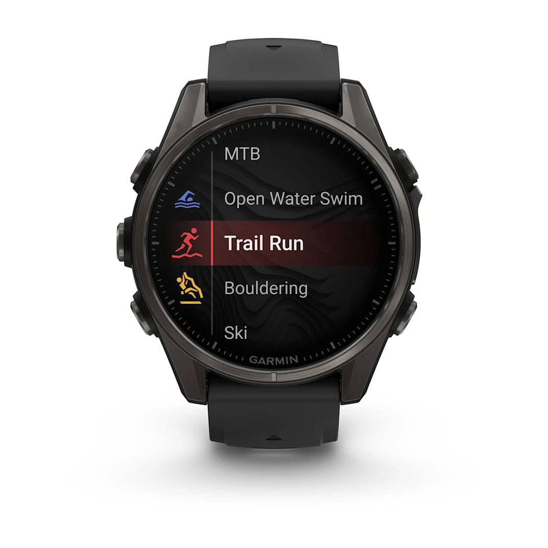 Garmin fēnix 8 – 43 mm AMOLED Sapphire, Carbon Gray DLC Titanium with Black / Pebble Gray Silicone Band