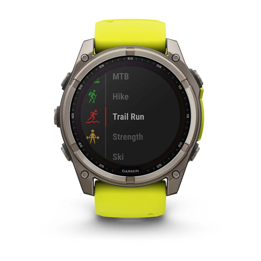 Garmin fēnix 8 – 51 mm Solar Sapphire Titanium with Amp Yellow / Graphite Silicone Band