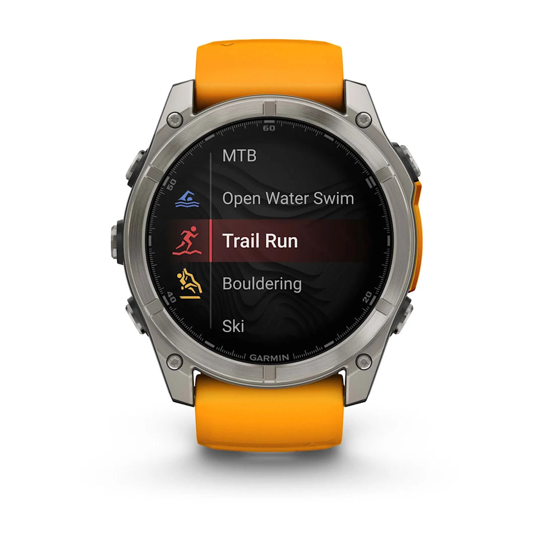 Garmin fēnix 8 – 51 mm AMOLED Sapphire Titanium with Spark Orange / Graphite Silicone Band