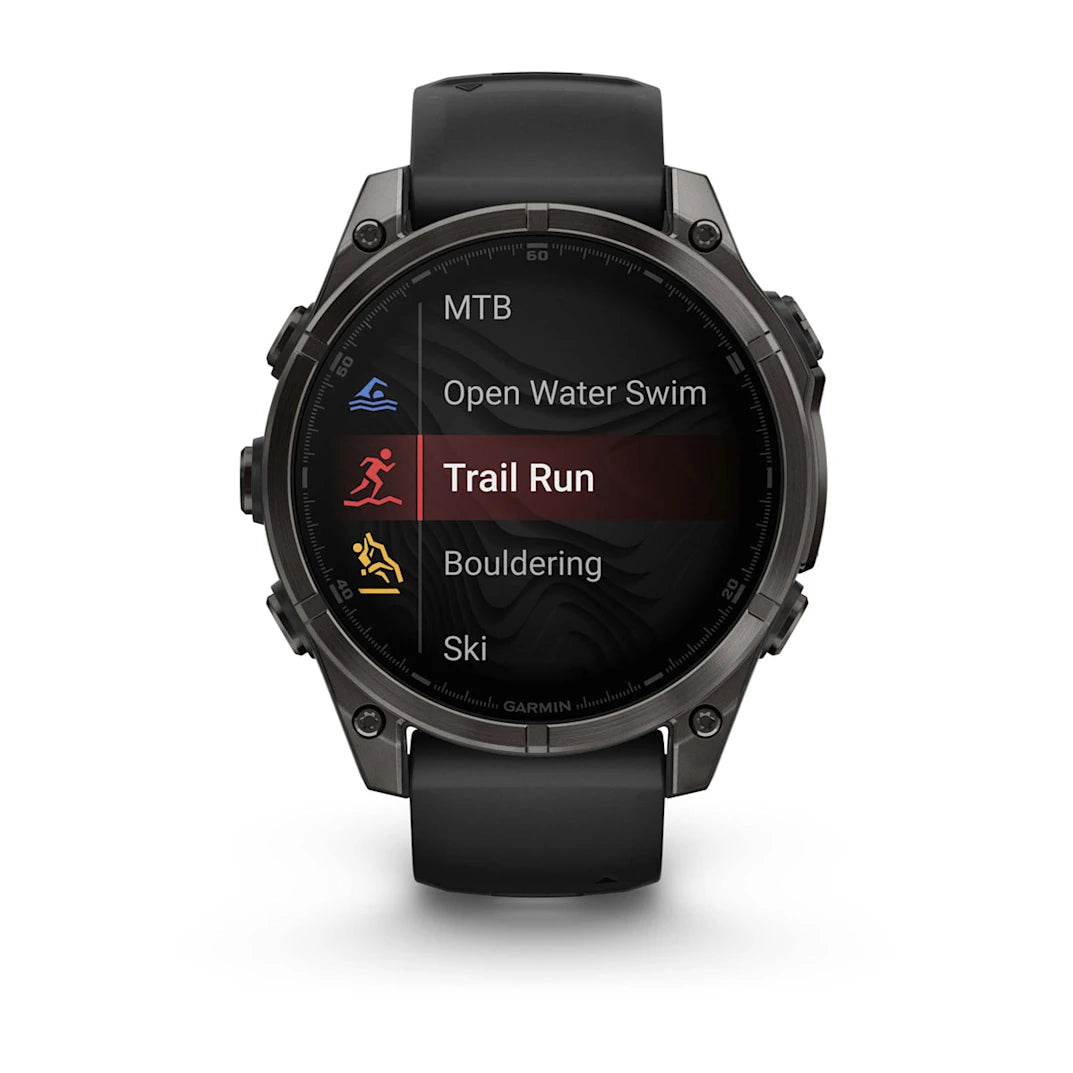 Garmin fēnix 8 – 47 mm AMOLED Sapphire Carbon Gray DLC Titanium with Black / Pebble Gray Silicone Band