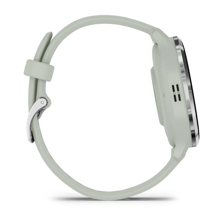 Montre connectée Garmin Venu 3S avec boîtier en acier inoxydable argenté, cadran gris sauge et bracelet en silicone