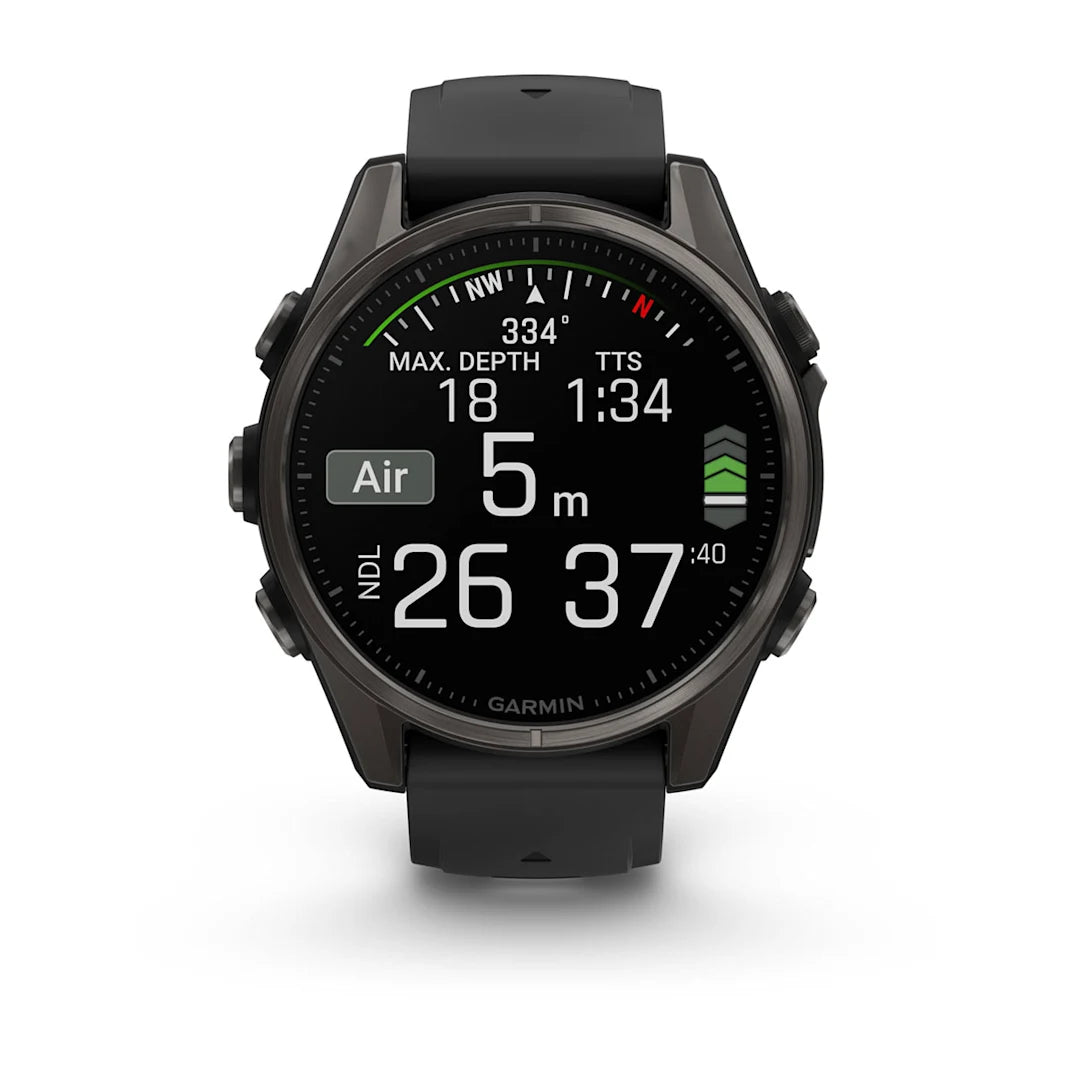 Garmin fēnix 8 – 43 mm AMOLED Sapphire, Carbon Gray DLC Titanium with Black / Pebble Gray Silicone Band