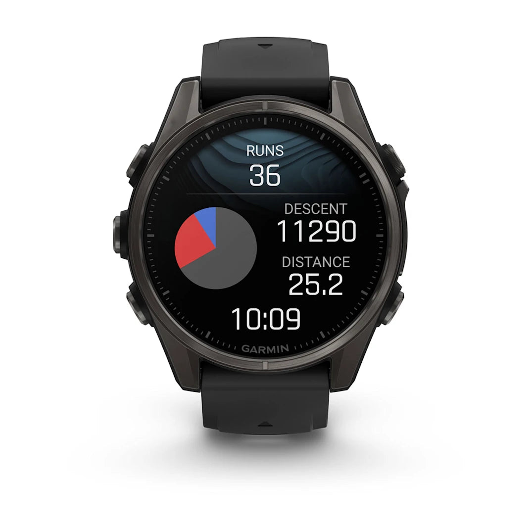 Garmin fēnix 8 – 43 mm AMOLED Sapphire, Carbon Gray DLC Titanium with Black / Pebble Gray Silicone Band