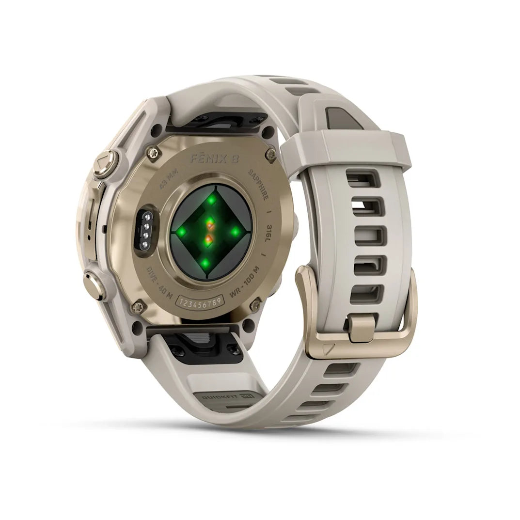 Garmin fēnix 8 – 43 mm, AMOLED Sapphire Soft Gold with Fog Gray / Dark Sandstone Silicone Band
