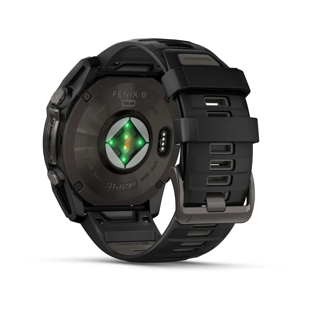 Garmin fēnix 8 – 51 mm Solar Sapphire Carbon Gray DLC Titanium with Black / Pebble Gray Silicone Band