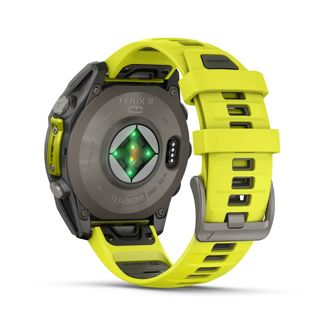 Garmin fēnix 8 – 47 mm Solar Sapphire Titanium with Amp Yellow / Graphite Silicone Band