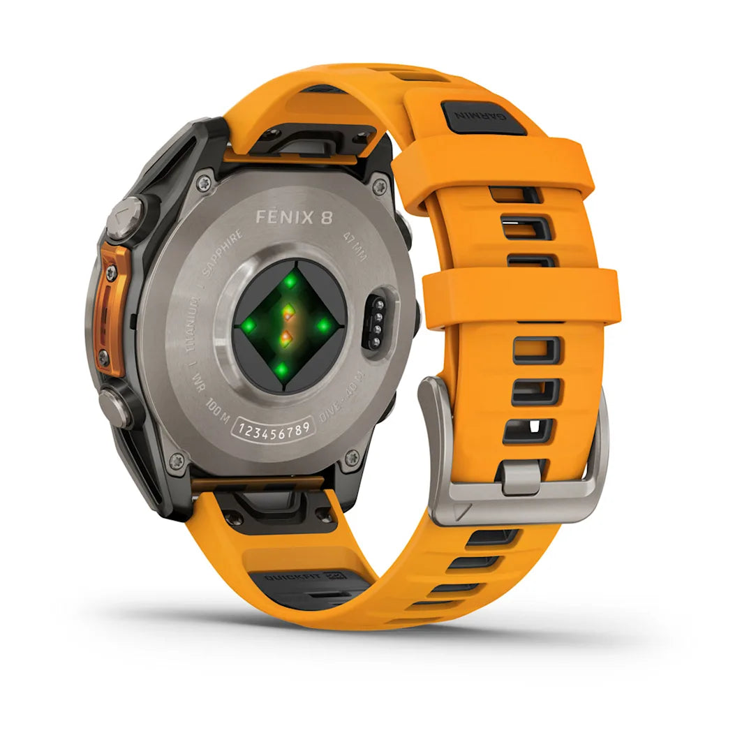 Garmin fēnix 8 – 47 mm AMOLED Sapphire Titanium with Spark Orange / Graphite Silicone Band