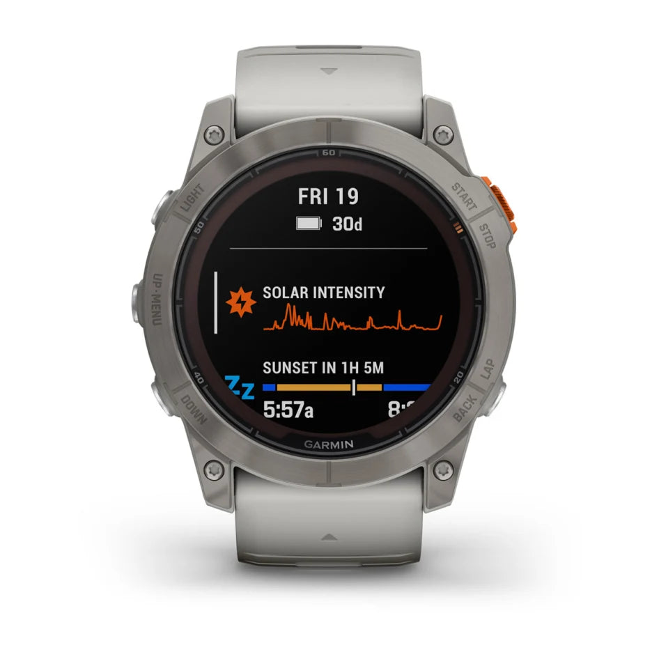 Garmin fēnix 7X Pro – Sapphire Solar Edition Titanium with Fog Gray/Ember Orange Band