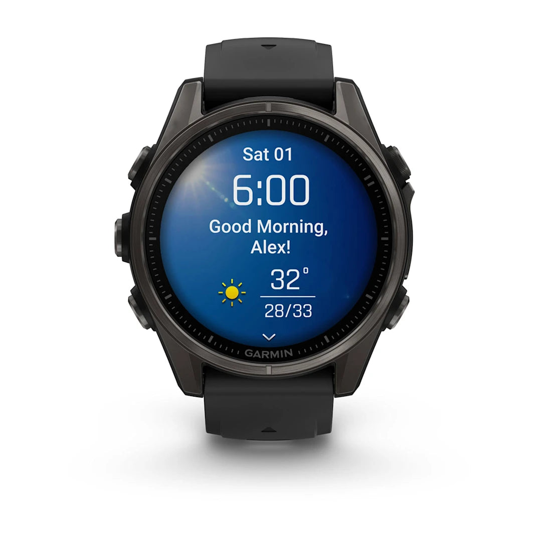 Garmin fēnix 8 – 43 mm AMOLED Sapphire, Carbon Gray DLC Titanium with Black / Pebble Gray Silicone Band