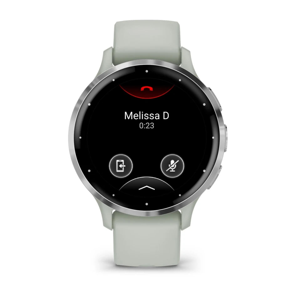 Montre connectée Garmin Venu 3S avec boîtier en acier inoxydable argenté, cadran gris sauge et bracelet en silicone