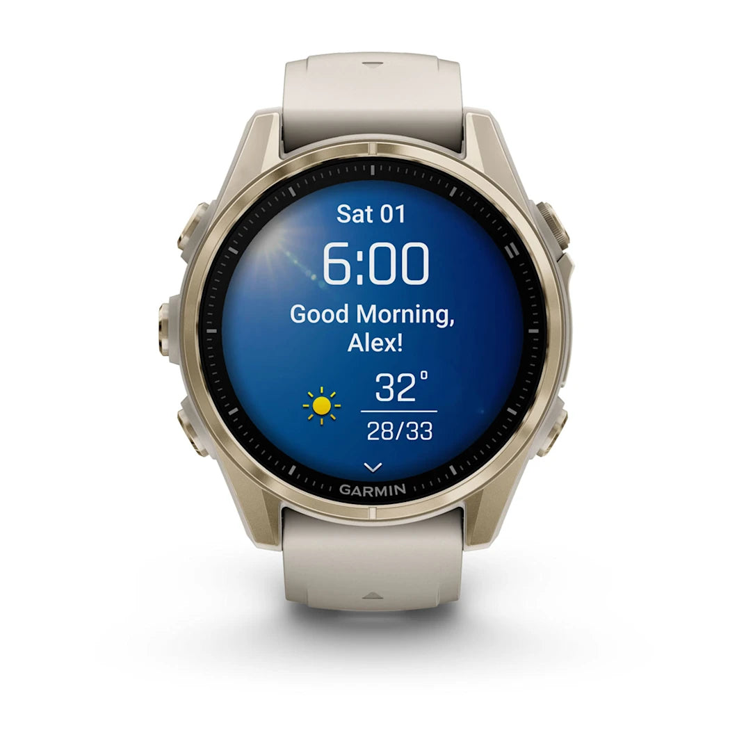 Garmin fēnix 8 – 43 mm, AMOLED Sapphire Soft Gold with Fog Gray / Dark Sandstone Silicone Band