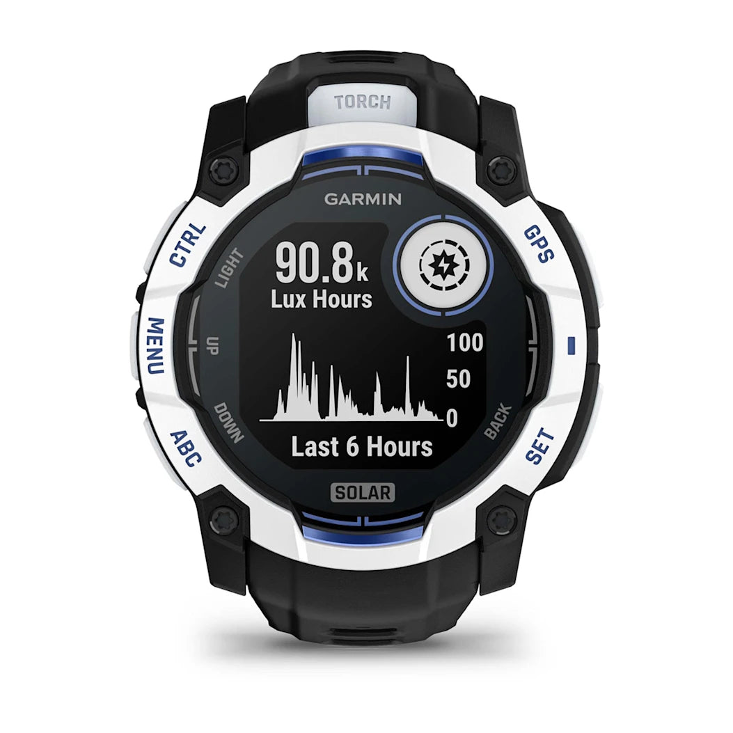 Garmin Instinct 3 – 50 mm Solar Whitestone with Black / Bolt Blue Band