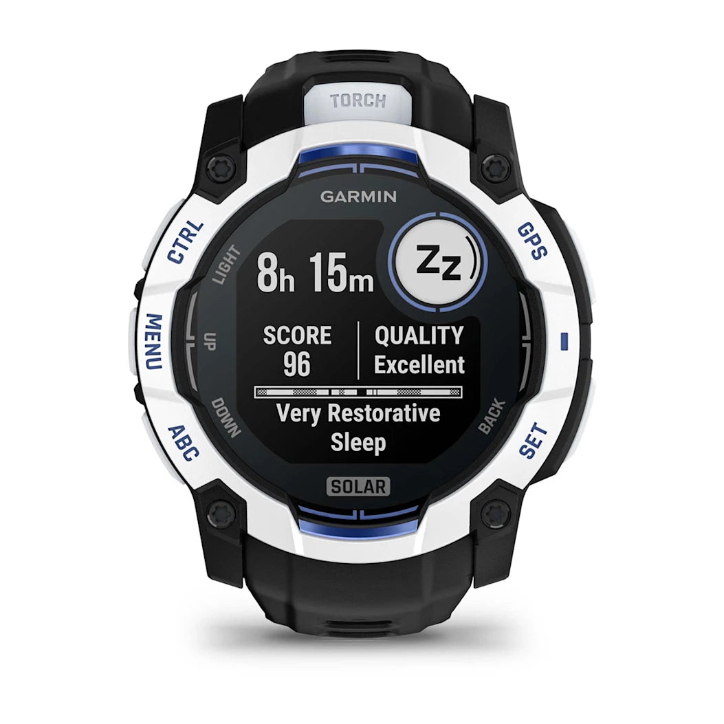 Garmin Instinct 3 – 50 mm Solar Whitestone with Black / Bolt Blue Band
