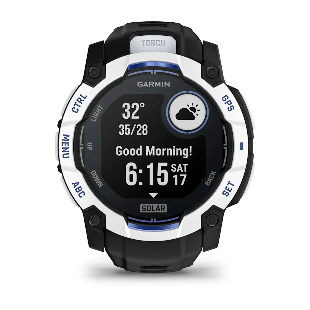 Garmin Instinct 3 – 50 mm Solar Whitestone with Black / Bolt Blue Band